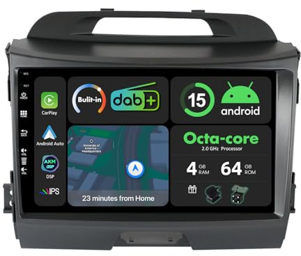 [4G+64G-Dab] Android 15 Radio Coche para Kia Sportage 2010-2016 con Dab+|Carplay|Android Auto|DSP-IPS 9 Pulgadas Pantalla GPS Navegador con WiFi FM Bluetooth Mirror Link Cámara