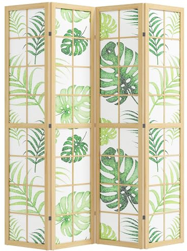 HOMCOM Paravent Faltbar Freistehend 4-teilig 160 x 170 cm Naturholz+Grün