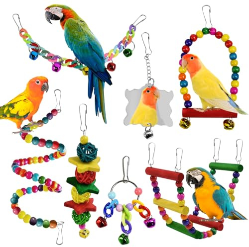 KAGEYMB 7 Stück Vogelspielzeug Papageienspielzeug mit Schaukel Hängematte Glocken Leiter Spiegel Kauspielzeug Sittichspielzeug Vogel Spielzeug für Nymphensittiche Wellensittiche Vogelkäfig Zubehör