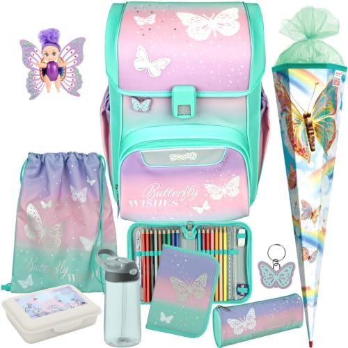 Pridera Scooli Schulranzen 1. Klasse Mädchen Butterfly Wishes Schmetterling EasyStart Schulranzen-Set (9tlg. mit Brotdose Trinkflasche Fairy-Püppchen Schultüte R)