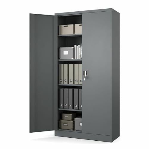 Muralo Metallschrank mit 4 verstellbaren Fachböden Abschließbar - Anthrazit | Aktenschrank 185x90x40 cm mit Sicherheitszylinderschloss, Belastbar bis 50 kg, Pulverbeschichtung, ideal für Büro, Werkstatt