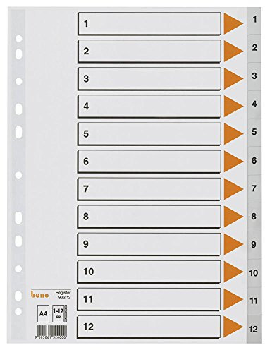 bene Zahlen - Register 1-12 / Vollformat DIN A4 / Polypropylen 120 my / 12-teilig / grau
