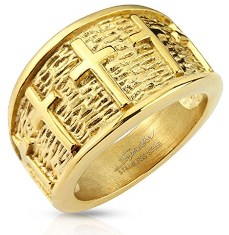 BlackAmazement Edelstahl Ring Kreuz Kreuze Crosses Celtic Cross Massiv Gold IP Herren (55 (17.5))