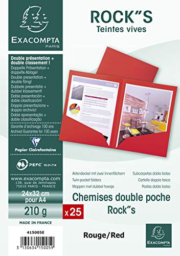 Exacompta 415005E 25er Pack Aktenmappen ROCKS mit 2 Innenfächern 220 g für DIN A4 PEFC™-zertifizierte rot Präsentationsmappe Sammelmappe Dokumentenmappe