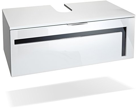 Vladon Waschtisch Waschbecken Unterschrank Aloha V2, Made in Germany, Korpus in Weiß matt/Fronten in Weiß Hochglanz mit Absetzungen in Schwarz Hochglanz