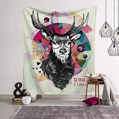 Boyouth Wandteppich, schwarzer Elch mit Brille, buntes geometrisches Muster, Digitaldruck, Wandteppich für Wohnzimmer, Schlafzimmer, Schlafsaal, Dekoration, 150 cm breit x 130 cm hoch