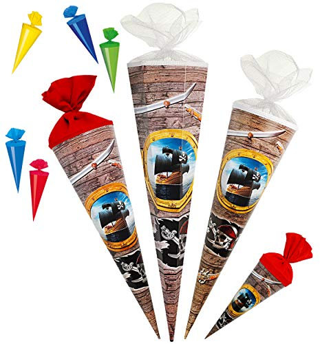 alles-meine.de GmbH Set Schultüte + 5 kleine Zuckertüten - Pirat & Piratenschiff - 35 cm - rund - Filzabschluß - Zuckertüte - mit/ohne Kunststoff Spitze - Goldbuch - Jungen J..