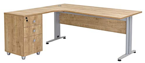 Furni24 Schreibtisch Winkelschreibtisch, Eckschreibtisch, Moderner Bürotisch Computertisch mit großer Arbeitsfläche, Bürotisch, PC Tisch, Dona Eiche 180x120x74cm inkl.Beistellcontainer Links gewinkelt