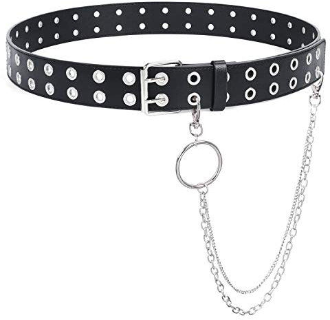 SUOSDEY Punk Gürtel Damen und Herre Ledergürtel Mit Metallkette, Mode Doppelloch Gürtel Hosen Jeans Schwarz,XL
