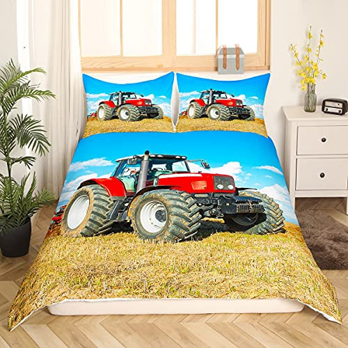 Loussiesd Traktor Bettwäsche Set 200x200cm Bauernhaus Feld Traktor Bettbezug Set mit 2 Kissenbezug 80x80cm für Kinder Jungen Jugendliche Mähdrescher Auto Muster Betten Mikrofaser