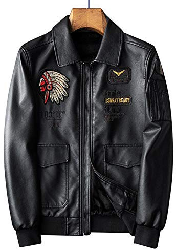 Bomber in Pelle Giacca Modello Indiano Ricamo Chiodo Uomo,Nero,L