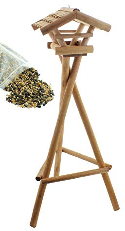 Vogelhaus Futterhaus Vogelvilla Vissel aus Echtholz Dach aus Echtholzschindeln mit Ständer L 124cm Höhe 37cm Breite mit Futter