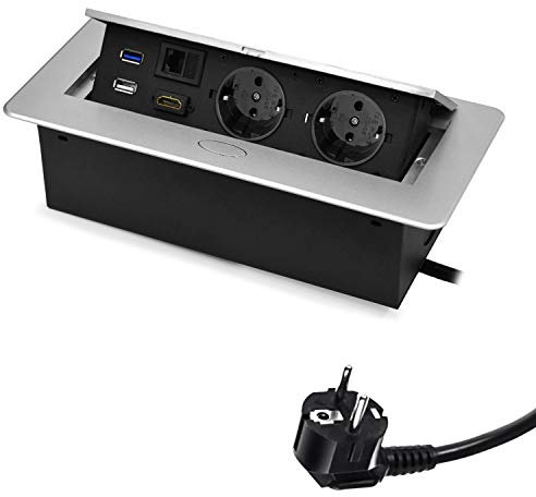Tischsteckdose Mehrfachsteckdosen Steckdosenleiste Metall 2X Schuko, 1x USB 2.0, 1x USB 3.0, 1x HDMI, 1x CAT6, 1,5m Kabel mit Stecker. für Schreibtisch Möbelsteckdose, Spacetronik