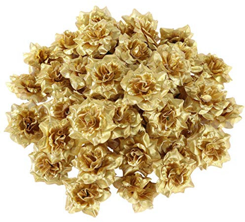 VOSAREA 50 Stück goldene Rosenköpfe künstliche Blütenköpfe Rosen Hochzeit Deko Ø 4,5 cm goldene Kunstblumen Blüten Köpfe Seide Rosen Köpfe zum Basteln Hochzeit Deko Tischdeko
