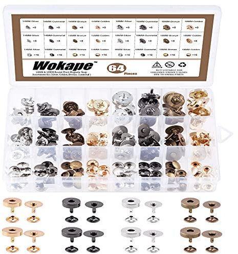 Wokape 65 Stück Magnetischer Druckknopfverschluss, 4 Farben 14 mm und 18 mm runde starke Magnetknopf-Verschlüsse Sortiment Kit für DIY Bastelset