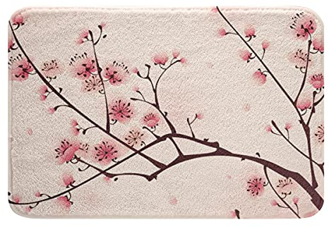 Kirschblüten Teppich,Mädchen Rosa Blumen Badematte,Japan Frühlingsbereich Teppich,blassrosa Blütenblatt Türmatte,Blumenteppich für Frauen,Girly Romantischer Boden Rutschfester Türteppich 20 X 32
