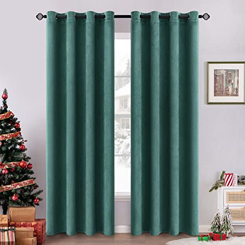 EMEMA 2 Stück Verdunklungsvorhang Samtvorhänge Blickdicht Vorhang mit Ösen Thermogardine Ösenvorhang Verdunkelungsgardinen für Schlafzimmer Wohnzimmer, 140 x 245 cm(B x H) Dunkelgrün