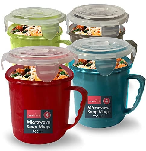 SOL 4pk Microwave Soup Mugs 700ml - Heat-Resistant Microwavable Bowls for Home & Office - Leak-Proof and Dishwasher-Safe Food Containers