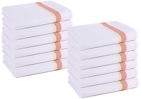 Pagnanno Tea Towels, Soft and Absorbent – Multi Pack of Large Classic Herringbone Weave, Lint Free, Cotton Kitchen Dish Towels 45x70 cm in White with blue, green and orange stripes (Orange Stripe, 12)