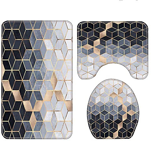 Badezimmerteppich Gold Schwarz Silber Badematte Set 3 Teilig Fußmatte rutschfest Saugfähig Badteppich Waschbar Fussmatte Teppich Schmutzfangmatte für Badezimmer