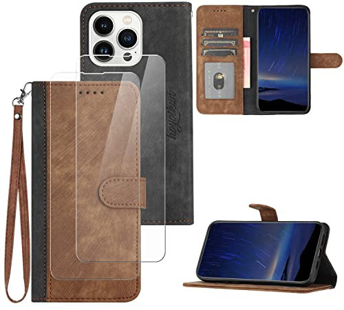 Hoyoikun Flip Custodia in Pelle PU Premium per iphone 14 Pro+(2 Pezzi Vetro Temperato).Custodia Sottile in Pelle per Telefono,Premium PU/TPU,Supporto Stand,Chiusura Magnetica viola-marrone