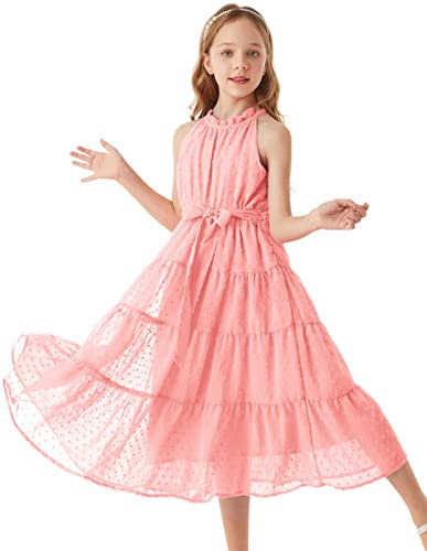 GRACE KARIN Filles Robe sans Manches Casual A-Line Maxi Fête Formal Wedding Sweet Princess 7 Ans Rose