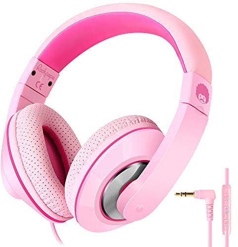 Rockpapa Comfort+ Kids Headphones, Wired Head phones Over Ear Headsets with Microphone for Kids Children Adult, Stereo Sound, Adjustable Headphones for School/Travel/Phone/PC/MP3-Pink