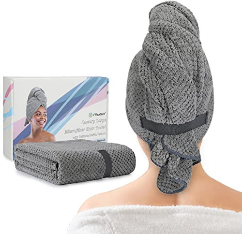 FREATECH Luxuriöses Mikrofaser Haartuch für Schnell Trocknendes Haar, Großer Haarturban Haarhandtuch Superweich und Saugfähig für Langes, Dickes Haar, Grau - 115 x 70 cm