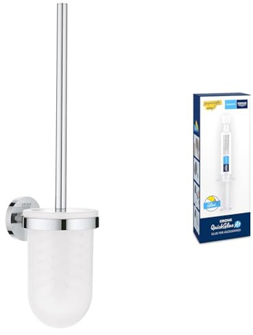 GROHE Start QuickFix Toilet Brush Set & QuickGlue A1 (Metal and Glass, Wall Mounted Concealed Fastening, Including Screws and Dowels, Easy to Fit), Size 398 mm, Chrome, 41185000
