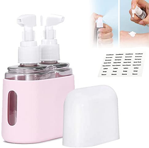 Mini Shampoo Dispenser Portable Travel Bottle Set, Mini Travel Shampoo And Conditioner Dispenser, Travel Containers With Labels For Toiletries, Travel Bottles For Toiletries (2 in 1,Pink)