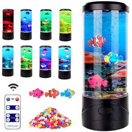 LED Blase Fischlampe, Aquarium-Lampe für Kinder und Erwachsene, mit Fernbedienung, 8 Farben und kleine bunte Steine, Quallen, Stimmungslicht, Geschenk für Halloween, Weihnachten, Geburtstag