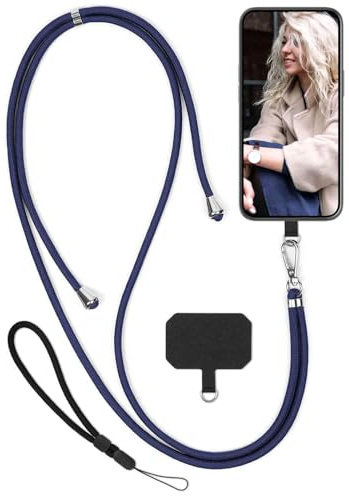 moex Unleash für Doro 8200 Handyband zum Umhängen ohne Hülle, Handykette Universal mit Karabiner, Handy Band abnehmbar, Kette mit Pad für Handyhülle, Blau, Silber