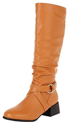 Stivali Alti Inverno Autunno E Inverno Stivali da Donna Jeans Western Stivali Tacco Spesso Rotonda Fibbia della Cintura Stivali Alti Scarpe di Cotone Caldo Stivali Lunghi Stivali Colore (Orange, 38)
