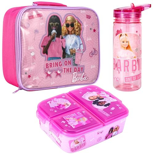 Zawadi Global Barbie Ensemble boîte à déjeuner pour enfants – Sac à déjeuner isotherme, boîte à déjeuner multi-compartiments et bouteille d'eau de 580 ml – Ensemble repas pour l'école, les voyages,