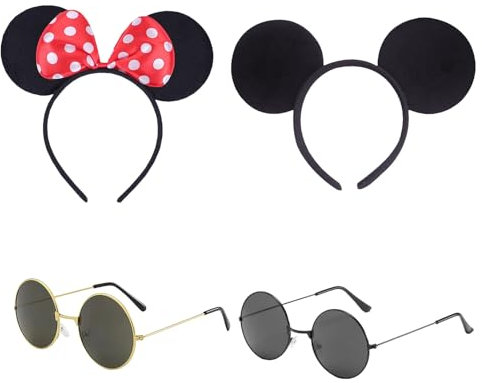 EUPSIIU 4 Pièces Oreilles de Souris de Bande Animal Dessinée sur Bandeau et lunettes de Soleil Rondes, Oreilles de Souris Bandeaux de Cheveux Pour Enfants Adultes Halloween Noël Fête Serre-tête (4PCS)