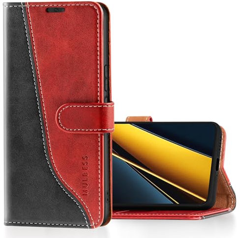 Mulbess für Xiaomi Poco X6 Pro 5G Hülle, Handyülle Leder mit Kartenfach, Klapphülle mit Magnetverschluss, Flip Case Etui Handytasche Schutzhülle, Stilvoll Wein Rot