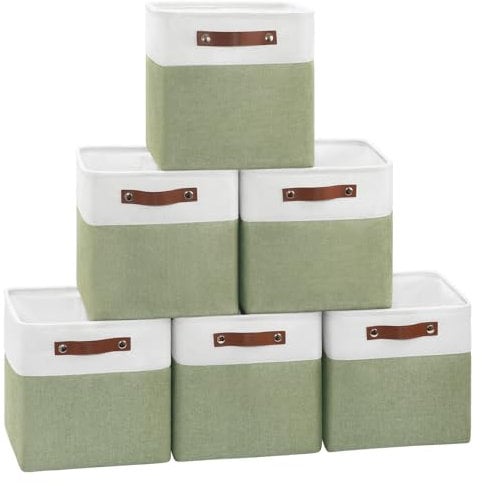 Patvingot Collapsible Fabric Cube Storage Bins 11x11×11, Pack of 6 Closet Basket Boxes with PU Handles for Organizing Shelves, Toys, Clothes, Home, Office (White&Green)