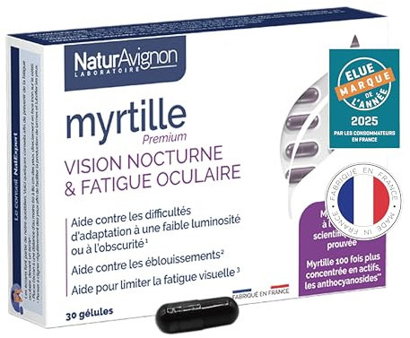 NaturAvignon Myrtille | Complement alimentaire yeux | Vision nocturne et fatigue oculaire | Hautement concentré en extrait de myrtille | Vitamine pour les yeux | 30 gélules (1mois)