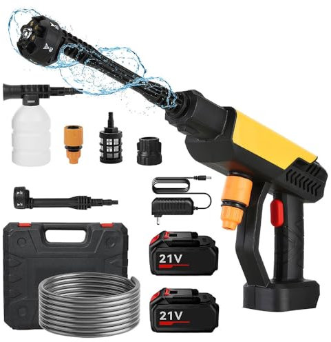 Akku Hochdruckreiniger, 21V 70Bar Mobiler Hochdruckreiniger mit 15000mAh*2 Batterie, 6-in-1-Düsen, 5m Schlauch, Tragbarer Hochdruckreiniger für Auto, Terrasse, Fenster, Rasen (15000mAh*2)