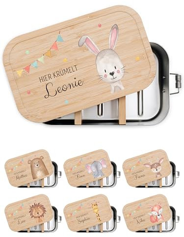 wunderwunsch® - Personalisierte Brotdose für Kinder - Robuste und Individuelle Edelstahl Brotdose mit Namen - Personalisierte Geschenke für Kinder (GROSS Edelstahl,Hase Girlande)