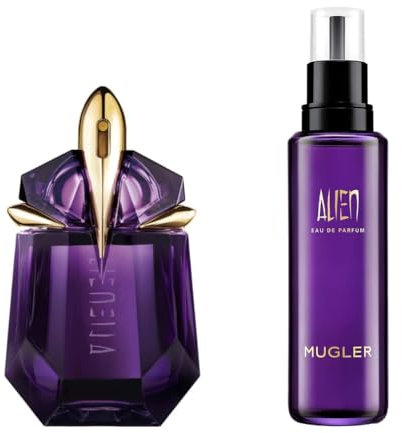 MUGLER ALIEN, Eau de Parfum Rechargeable 30 ml + Eau de Parfum Flacon Recharge 100 ml, Parfum pour Femme Ambré Boisé Floral, Lot de 2 produits