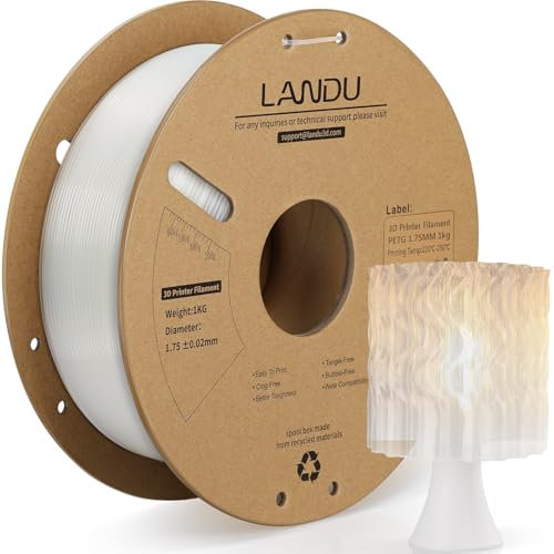 LANDU PETG Filament 1.75mm 3D Drucker Filament PETG Stärker Zähigkeit Maßgenauigkeit +/- 0,02 mm 1kg Pappspule(2.2lbs) Passend für die meisten FDM 3D Drucker,PETG Transparent