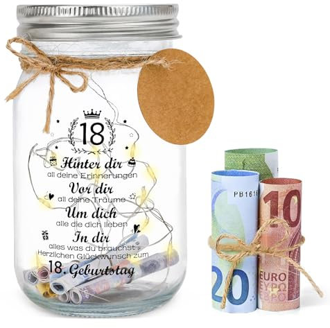 18. Geburtstagsgeschenk Geld Leuchtflasche für Geldgeschenke, Mädchen Junge zum 18. Personalisiert LED Flaschenlicht Geburtstag Geschenk 18 Jahre alt Dekoflasche Spardose