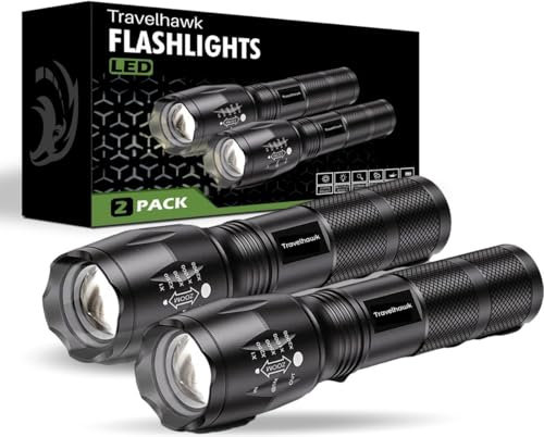 TravelHawk Taschenlampe LED - 2er Set - Taktische Taschenlampe 1000 Lumen Handlampe Wasserdicht Zoombar Tragbarer Flashlight für Outdoor, Camping, Wandern, Notfäll Batteriebetrieben