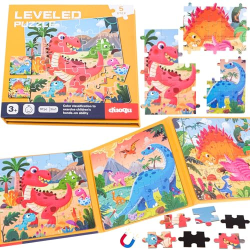 Magnet Puzzle, 97 Teilige Magnet Puzzle Kinder, 3 IN 1 Magnete Puzzles Buch für Kinder, Dinosaurier Magnetpuzzle für Kinde,magnets Puzzl ab 1 2 3 4 5 6 Jahre, für Reisespiele Roadtrip Flugzeug Lernmag