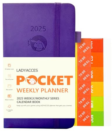 LADYACCES Taschenkalender 2025 [Jan.2025-Dez.2025 - Kleine Größe 16,5 x 9 cm] - Kalender 2025 Klein mit PU Leder Hardcover - A6 Planer 1 Woche 2 Seiten mit Innentasche - Lila EUWMA6