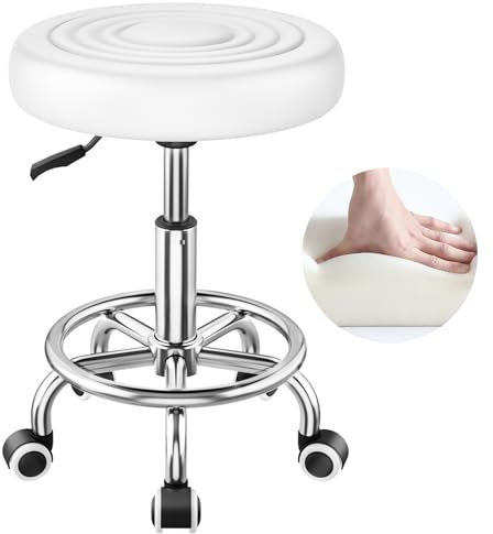 Rollhocker höhenverstellbar,kompakt,Hocker mit rollen(mit Fußstütze), PU-Leder runde Wasserwelle Muster,360-Grad-Drehhocker,150kg Tragfähigkeit, geeignet für Spa Zeichnung Salon Arbeit Büro. (Weiß)