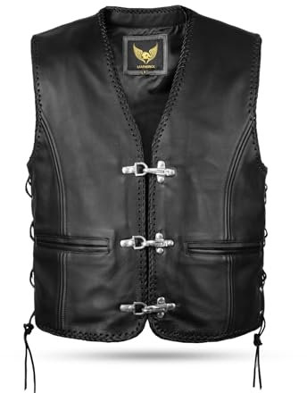 Leatherick Chaleco de Moto para Hombre de Cuero Negro Auténtico de Grano Completo - Diseño Clásico Trenzado, Cordones Laterales y Cremallera, Chaleco de Motociclista con Hebillas de Anzuelo