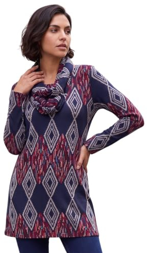 Roman Originals Printed Longline Tunic for Women UK - Ladies Everyday Autumn Winter Round Neckline Comfy Soft Evening Vacation Work Party Night Out