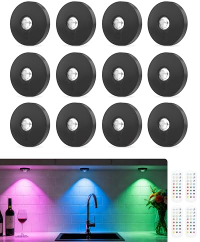 RGB Puck Lights with Remote, Rechargeable Under Cabinet Lighting, 12 Packs | black under cupboard kitchen lights indoor, dimmer, timer, wireless led stick-on cabinet lamp for bedroom, closet, wardrobe